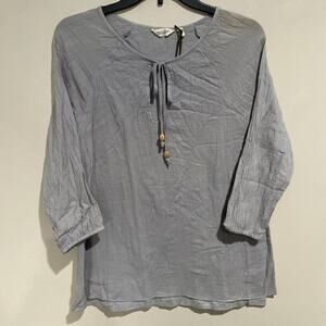 True Grit Dry Goods Gray 3/4 Sleeve Tie Neck Gauze Top Boho Minimalist Sz Sm NWT